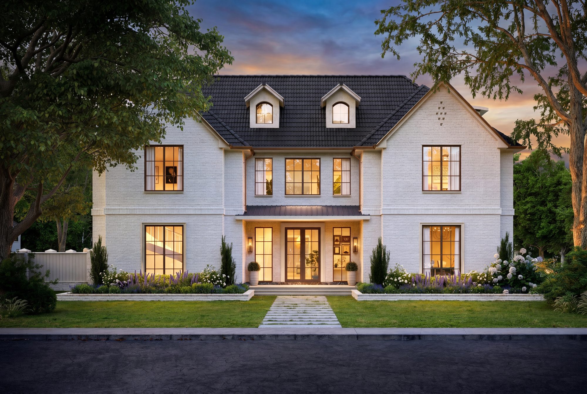 Rendering of the front elevation at dusk: brick with cast stone accents around the windows, a slate-colored roof, and a lit entry porch behind a lawn and flower beds.