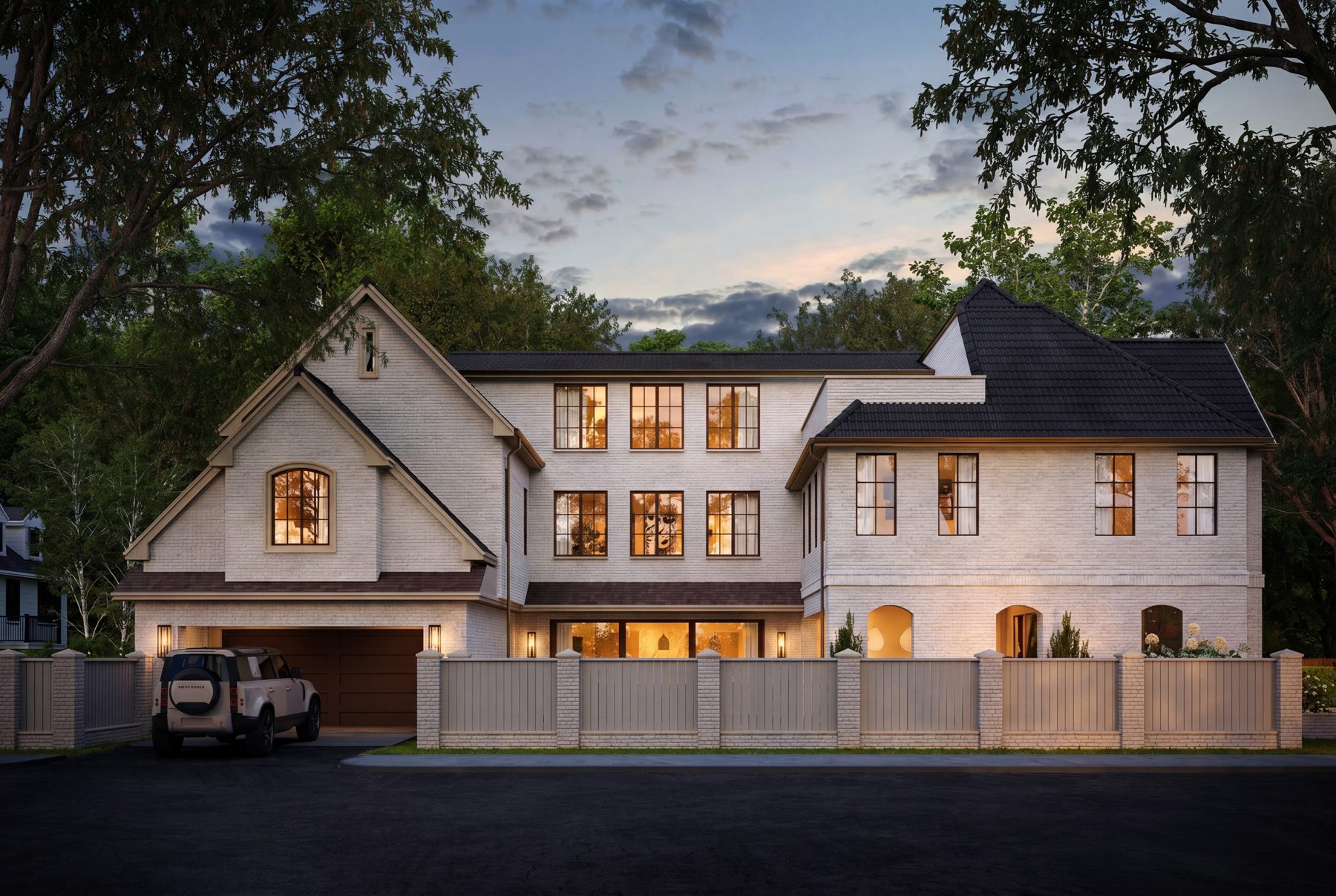 Rendering of the house at night from the street corner, showing the garage wing, three-story center section, and the lit ground-floor rooms behind a low fence.