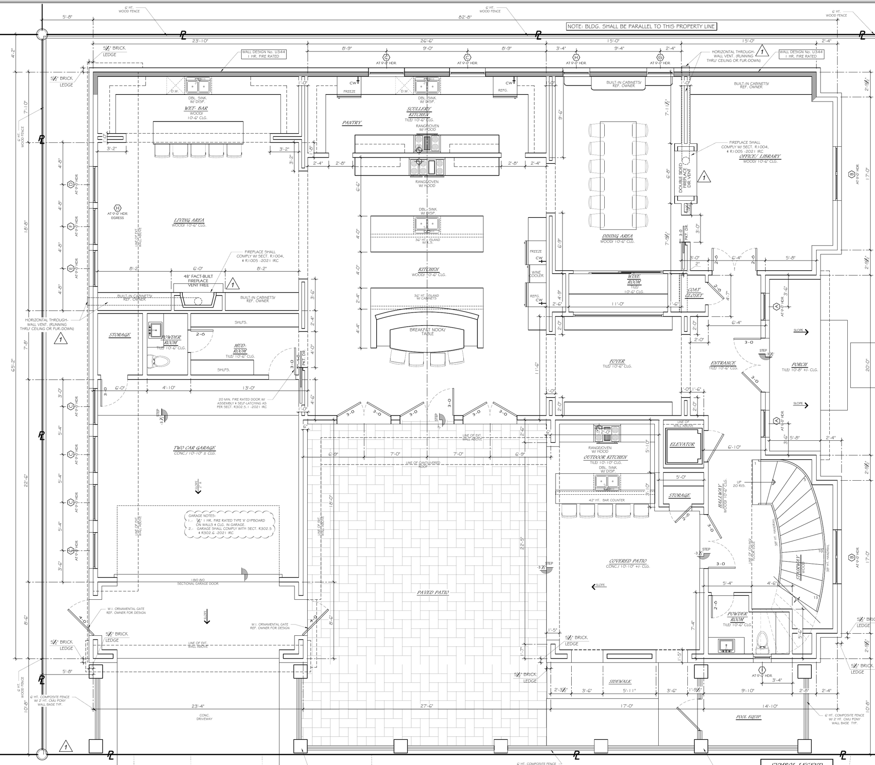 First-floor plan: living area with wet bar, kitchen with island and breakfast nook, scullery kitchen and pantry, dining area, office and library, wine room, foyer, mud room, two powder rooms, two-car garage, elevator, outdoor kitchen, covered patio, and paved patio with pool.