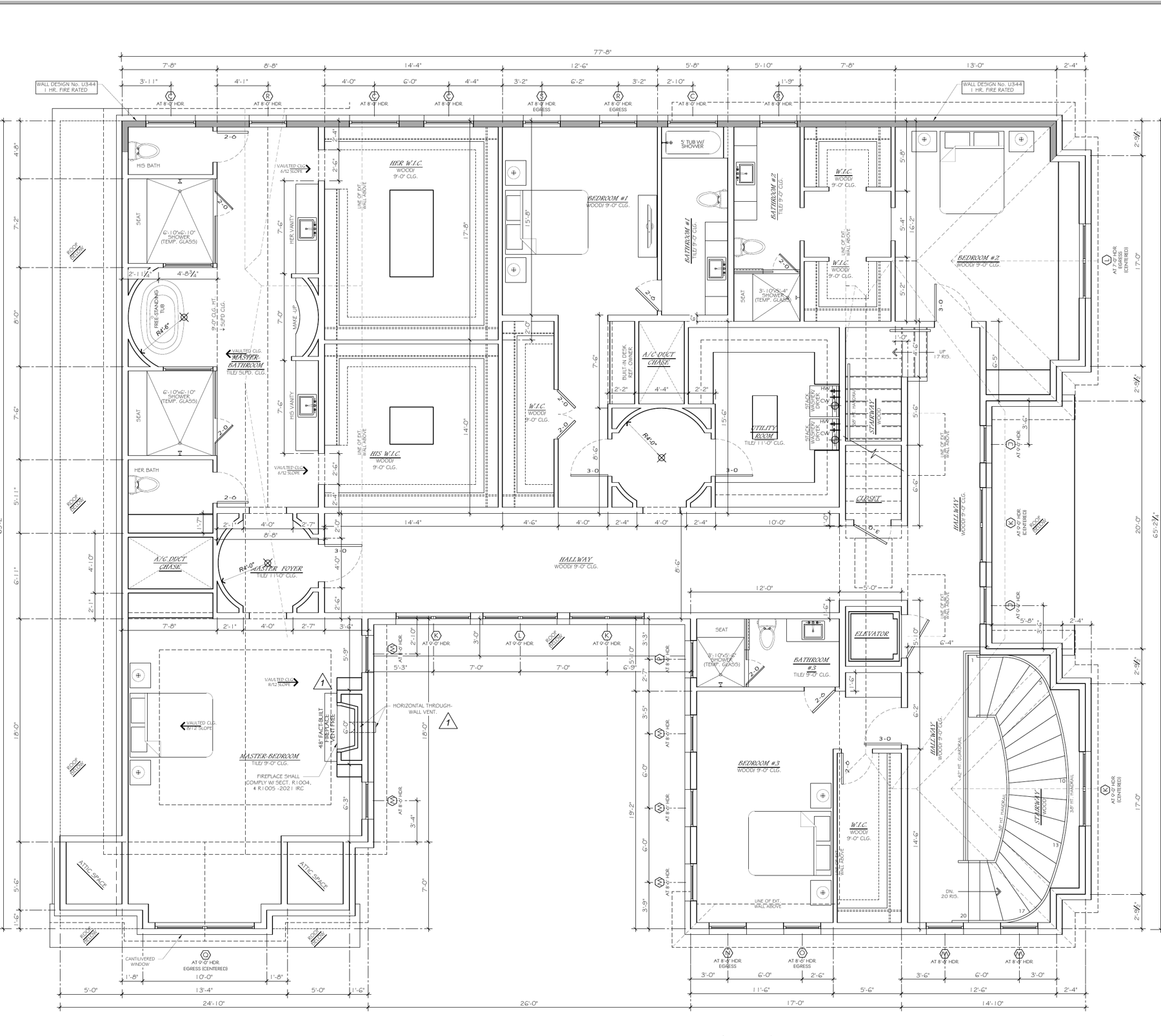 Second-floor plan: primary bedroom with two walk-in closets and a bath with freestanding tub and two showers, three additional en suite bedrooms, laundry, hallway, elevator, and stair.