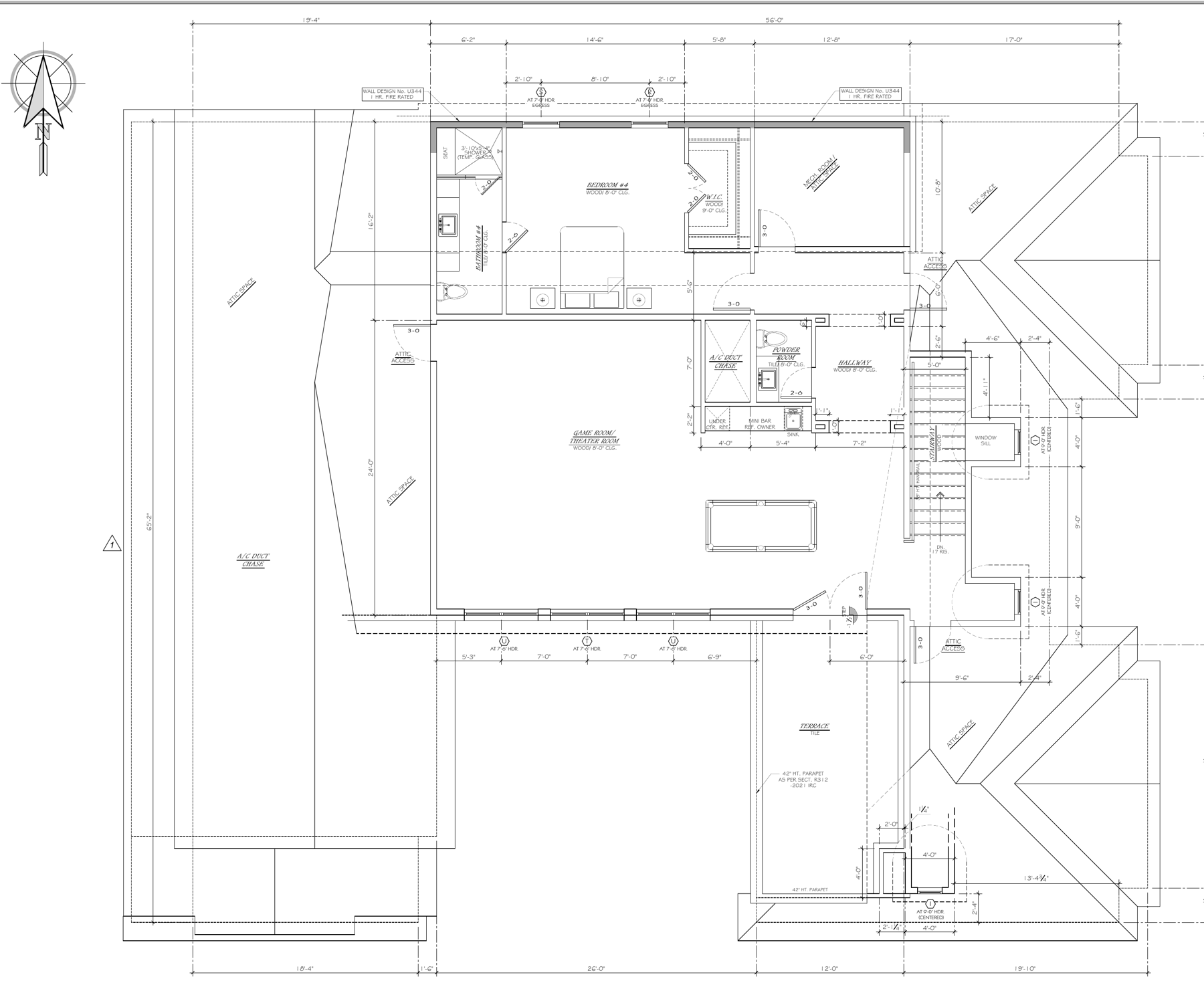 Third-floor plan: bedroom four with bath and closet, game and theater room, powder room, hallway, elevator, and covered terrace.